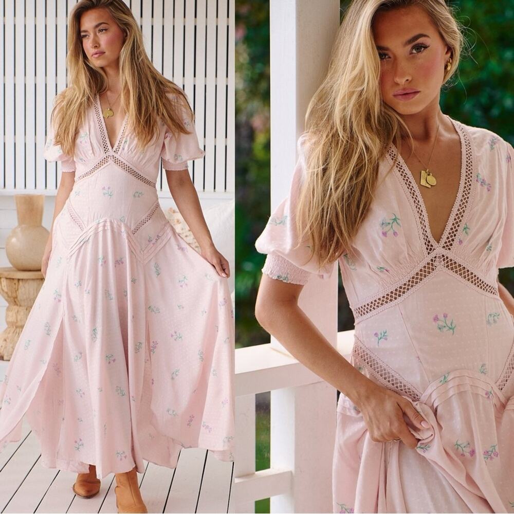 Free People Ethereal Dainty Still In Love Maxi Dress Pink Floral Cottage Medium - Picture 5 of 16